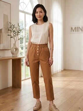 NIMIN Camel Brown High Waisted Paperbag Pants XS Like New Button Fly Tapered